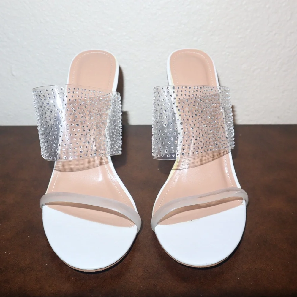 Chic Crystal-Embellished Clear and White Heels